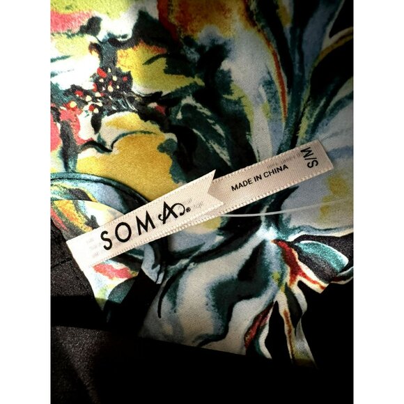 SOMA Satin Kimono Robe Impressions Floral Black Midi Wide Flowy Sleeves Sz S/M - Picture 9 of 11